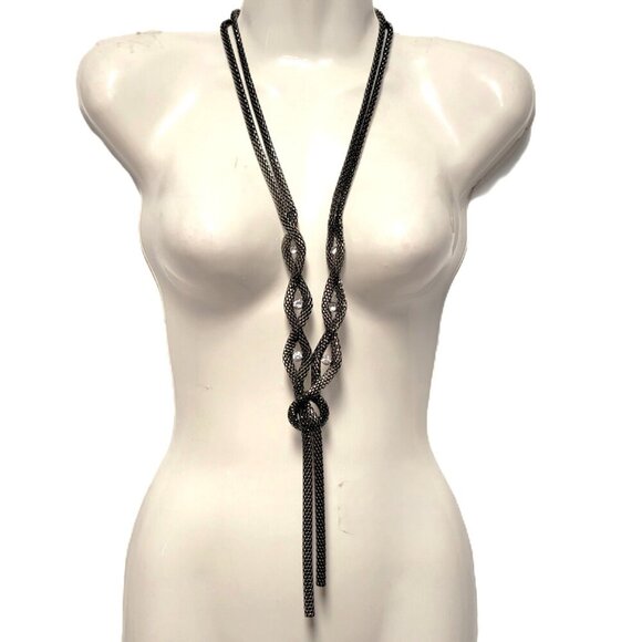 Long Hematite tone Necklace, Gunmetal Tone Two Strand Chain Necklace - Picture 2 of 16